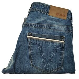Yaso Brand Jeans Mens Straight Fit Blue Wash Denim Pants W34 L33 Bleached Grunge